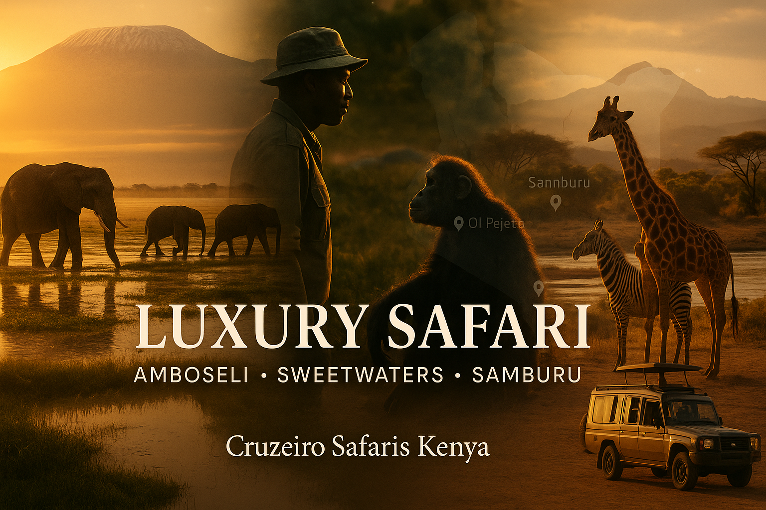 Photorealistic collage of a luxury Kenya safari featuring elephants in Amboseli at sunrise with Mount Kilimanjaro, a ranger with a chimpanzee at Sweetwaters Sanctuary with Mount Kenya in the background, and a safari vehicle near reticulated giraffes and Grevy’s zebra in Samburu during golden hour. A subtle map overlay shows location pins on Amboseli, Ol Pejeta, and Samburu. Text reads: “Luxury Safari — Amboseli • Sweetwaters • Samburu | Cruzeiro Safaris Kenya.”