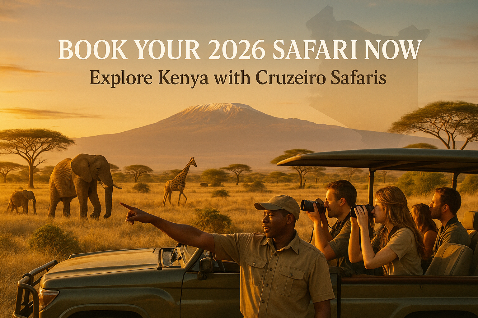 Tourists in a safari jeep photograph elephants and giraffes in Kenya's savannah during golden hour, with Mount Kilimanjaro in the background and a safari guide pointing out wildlife.