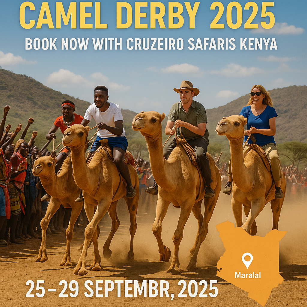 Diverse riders racing camels during the Camel Derby 2025 in Maralal, Kenya, with Samburu locals cheering in the background
