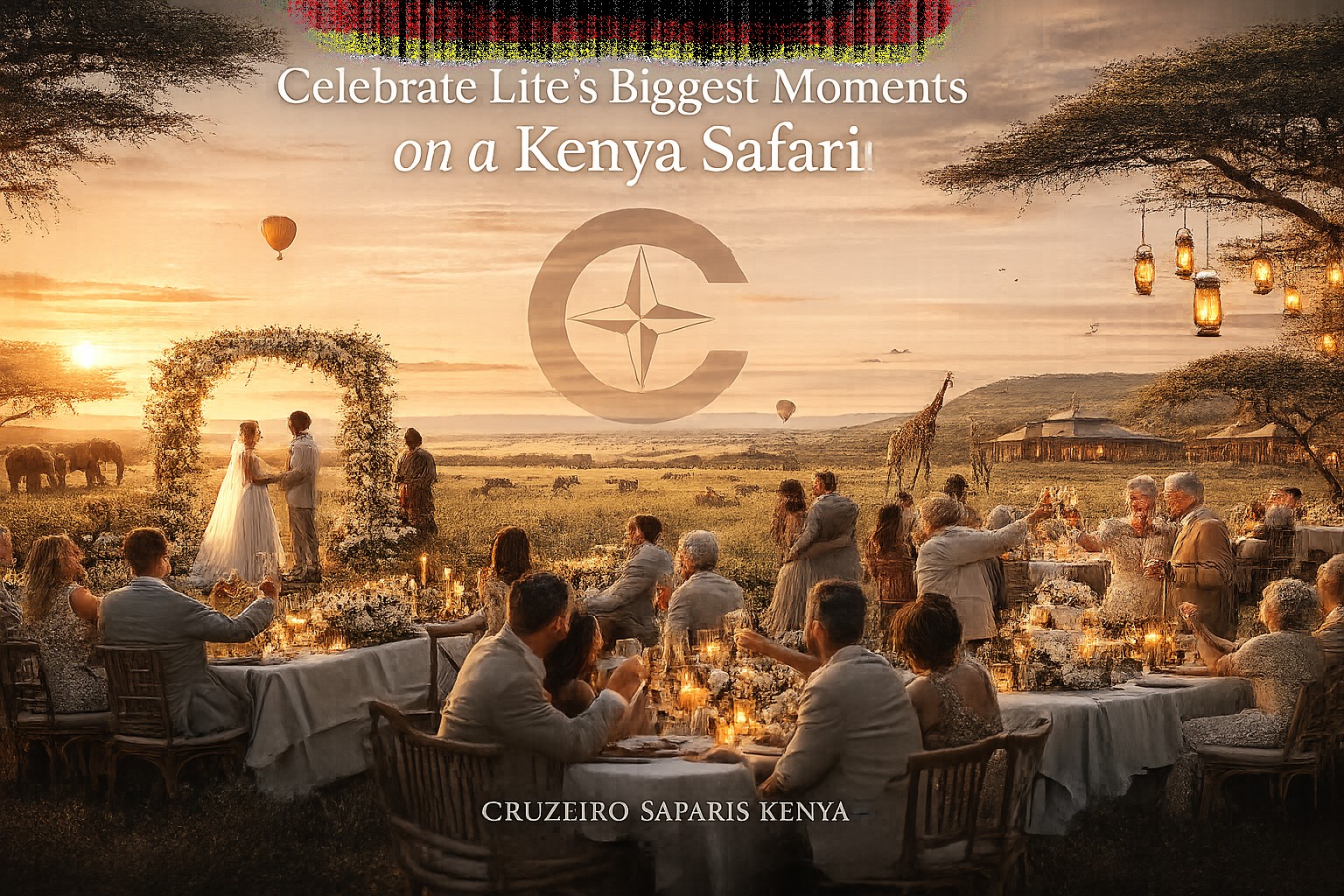 Luxury celebration safari in Kenya's Maasai Mara featuring a wedding, anniversary and birthday gathering surrounded by wildlife, luxury safari lodge and hot air balloon at sunrise with a transparent Cruzeiro Safaris watermark.